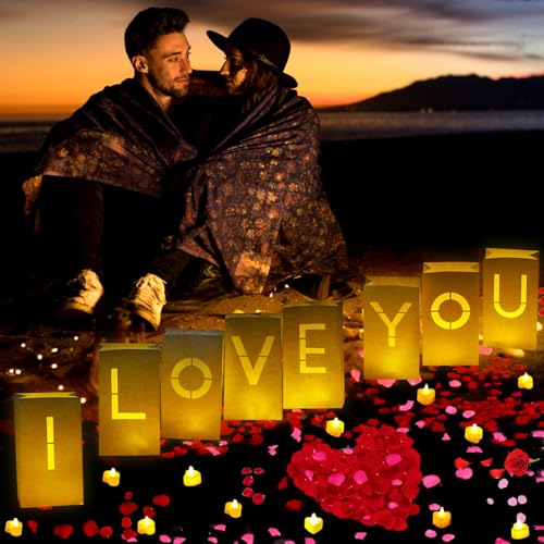 Image of Valentines Day Decorations, Special Night Romantic Decorations - I Love You Light Up Letters Luminary Bags with Bright Flameless Tea Candles and Fake Rose Petals, Happy Anniversary