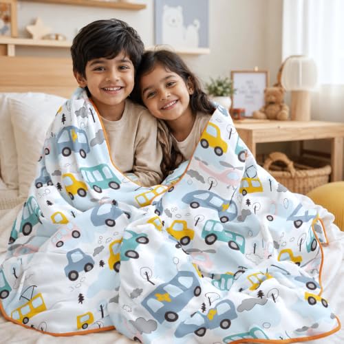 Image of LORETO - A QUALITY LINEN BRAND 100% Cambric Cotton Double Dohar 88 x 90 Inches, 3-Layer Lightweight AC Blanket with Soft Cotton Flannel Filling, Breathable Summer Quilt, Reversible, Baby Bus Blue bird