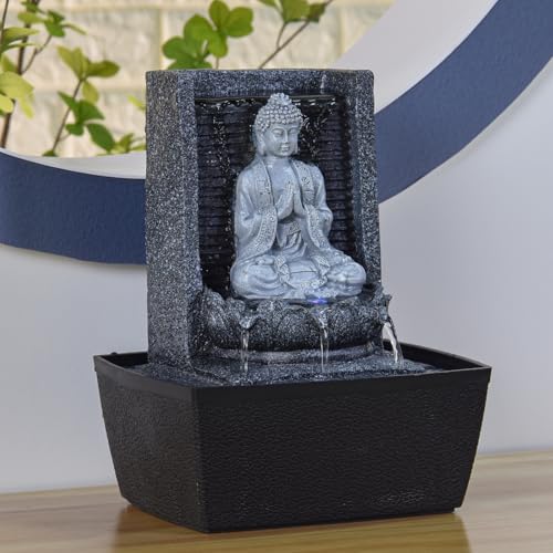 Zen'Light - Zimmerbrunnen Nirvana - Wasserfall mit Buddha & Weißer LED-Beleuchtung - Moderne Zen Deko, Ideal für Meditation & Entspannung - Feng Shui - H 26cm, Grau