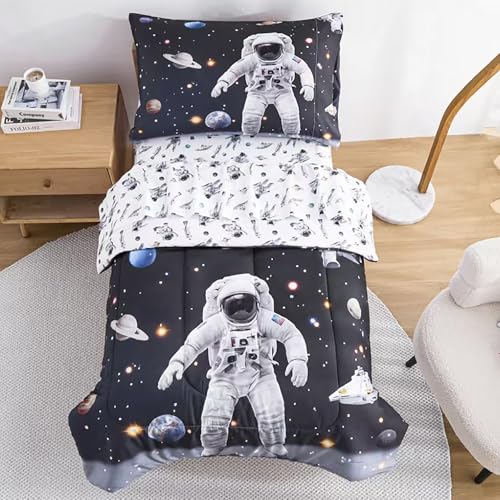 Image of lasoftan Toddler Bedding Set, 4 Piece Bed-in-a-Bag Toddler Bed Comforter Sets for Girls, Toddler Bed Set, Astronaut Printed, Machine Washable