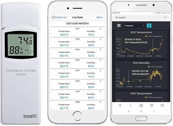 Ecowitt, Igrometro termometro digitale senza fili, con monitor, misuratore di umidità della temperatura per interni ed esterni, WH31, sensore LCD multicanale (1 pz), per casa e ufficio - 1