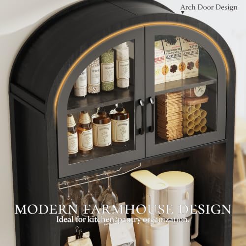 Image of 75 inch Arched Kitchen Pantry Cabinet with Charging Station & LED Light, Tall Coffee Bar Liquor Cabinet Modern Kitchen Hutch with Microwave Stand & Adjustable Shelf for Dining Room