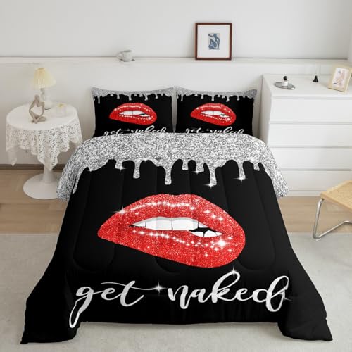 Image of Feelyou Red Sexy Lips Bedding Set Full, Diamond Get Naked Comforter Set Glitter Lips Comforter for Kids Toddler Funny Get Naked Duvet Set 3Pcs Reversible