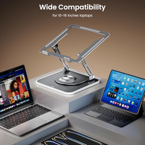 Image of JOYEKY Adjustable Laptop Stand with RGB Lighting,Aluminum Ergonomic Computer Stand with 360 Rotating Base,Foldable & Portable Laptop Riser, Suitable for All 10-16 inch Laptops (Grey)