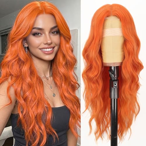 Image of AISI HAIR Orange Wig for Women, Long Wavy Lace Hairline Middle Part Synthetic Heat Resistant Wig for Daily Party-26 Inch