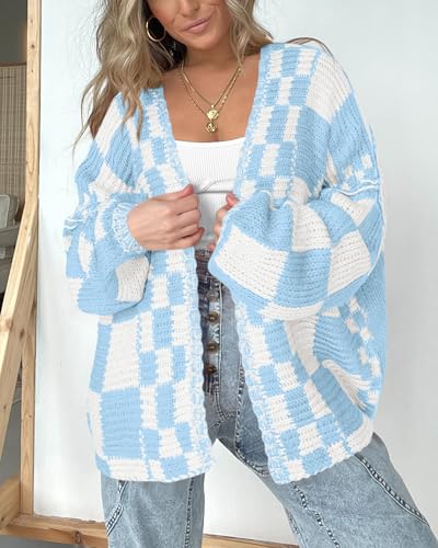 Image of BTFBM Casual Cardigan Sweater for Women Fall 2026 Long Sleeve Open Front Chunky Knit Sweaters Checkered Outwear Coat