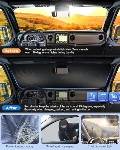Image of Windshield Sun Shade for Jeep Wrangler TJ JK JL & Gladiator JT 2 /4 Door | No Pattern Sunshade | UV Blocking Sunshade for Jeep Wrangler Heat Shield Accessories