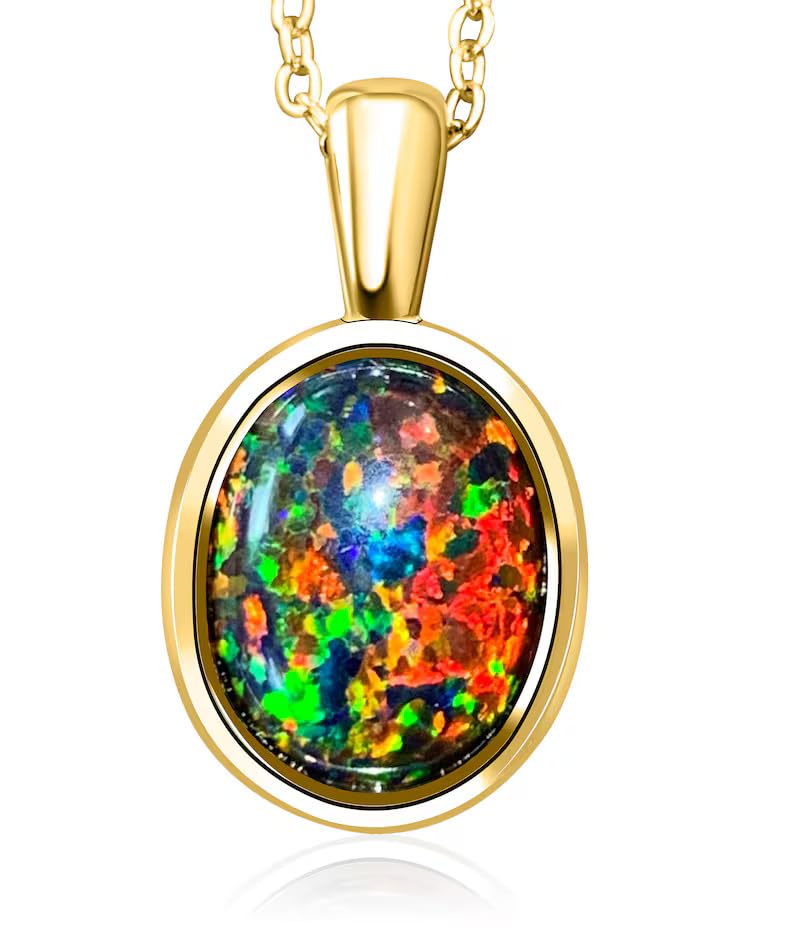 HARSHALI GEMS Colgante de lágrima de plata ovalada natural de 8,50 quilates, piedra preciosa de ópalo de fuego negro australiano, chapado en oro amarillo de 14 quilates, joyería de regalo para hombres