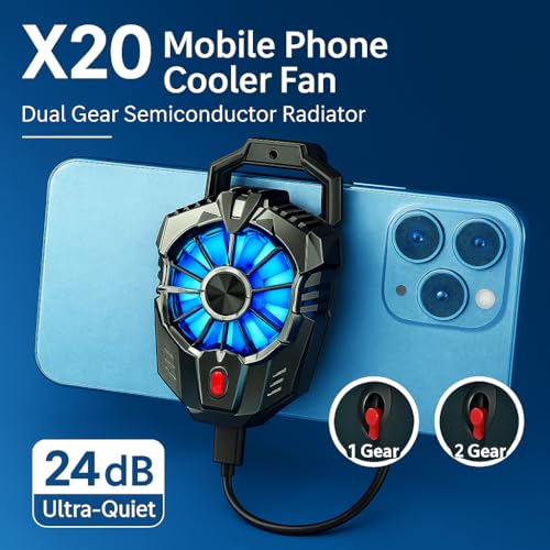 Image of X20 Mobile Phone Cooler Fan - Dual Gear Semiconductor Radiator with LED Light | Ultra-Quiet 24dB, Fast Cooling for Gaming | USB Powered, Universal Smartphone Clip Fan