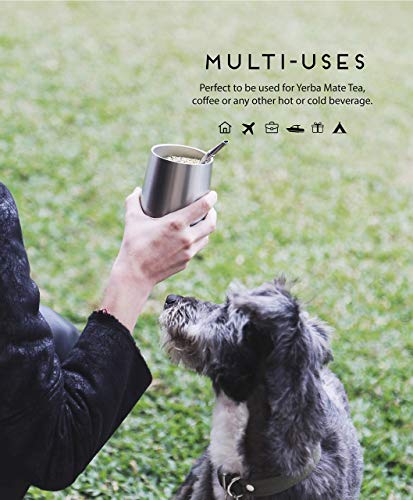 Balibetov [NEW] Modern Yerba Mate Gourd Set (Mate Cup) - Double Walled 18/8 Stainless Steel - Includes Two Bombillas and a Cleaning Brush (Silver, 12) - Thumbnail 2