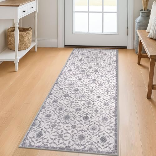 KILOCOCO 2x5 Runner Rug, Moroccan Super Soft Washable Hallway Entryway Runner Rug, Accent Print Faux Wool Kitchen Runner Rug 5 Feet Non-Slip Runners Boho Rug Runners for Laundry Room Bedroom, Grey