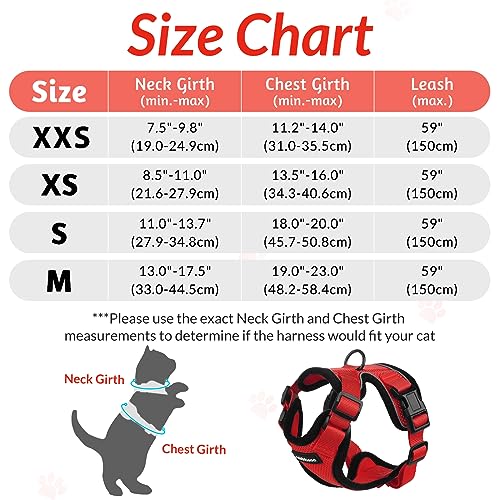 Image of rabbitgoo Cat Harness and Lead Set, Escape Proof Vest, Red | Soft Breathable Mesh, Adjustable Fit, Snap Buckles, Reflective Strips, with 1.5m Lead for Small & Average Cats Walks, XS