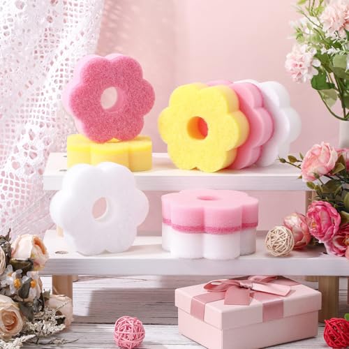 Image of Tioncy 12 Pack Pink Flowers Sponges Bulk Spring Kitchen Decor Dual Sided Scrubber Sponges Dishwashing Kitchen Cleaning Accessories for Household Supplies