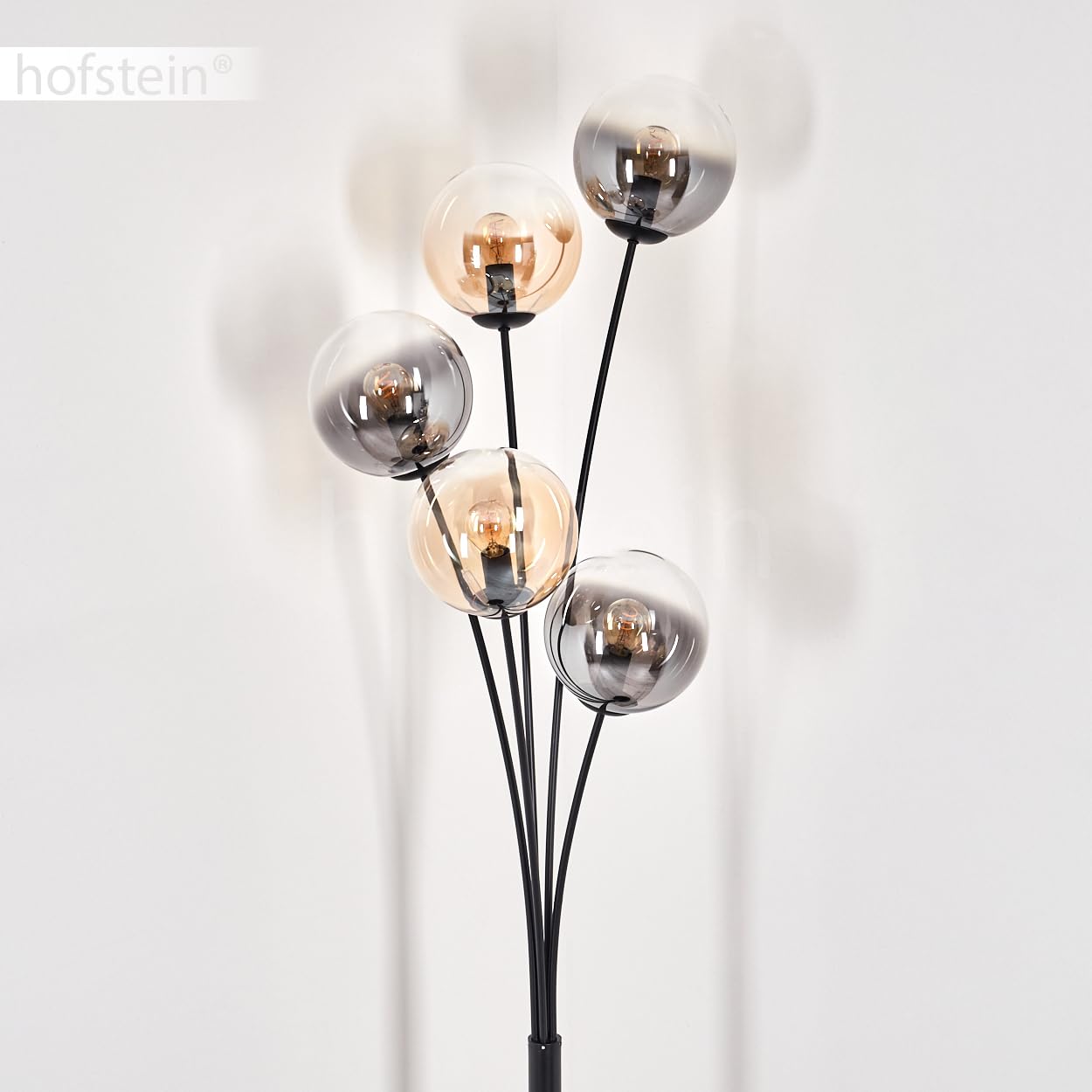 Stehleuchte Gastor, Stehlampe aus Metall/Glas in Schwarz/Bernstein/Rauch/Klar, Leuchte im Retro/Vintage-Design mit Schirmen aus Glas (Ø 15 cm) u. Fußschalter, Höhe 169 cm, 5 x E14, ohne Leuchtmittel