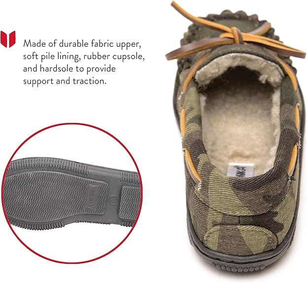 Minnetonka Hardsole Pile-Lined Moccasin Slippers for Children, Green Camo Print, 9 M4