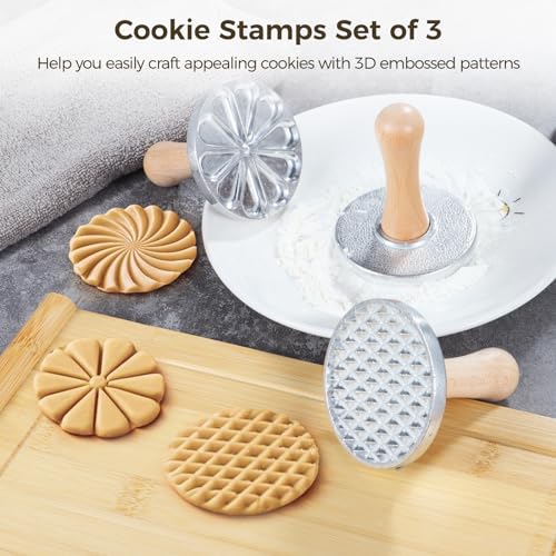 Cookie Stamps Set of 3, Metal Cookie Press Cutter Mold with Wooden Handle, 3.1 Inch Round Biscuit Pressing Mold, Zinc Alloy Cookie Embossers for DIY Baking, Decorating Supplies for Cake, Pastry