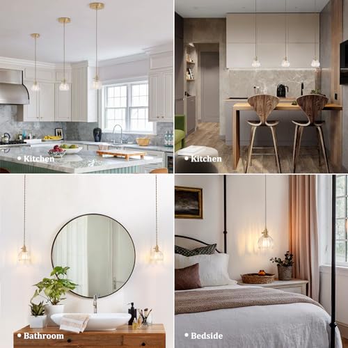 Image of Shenmoyl Pendant Light with Clear Tulip Glass Lmapshade, Brass Vintage Pendant Light Adjustable Hanging Light for Kitchen Island Dining Room Hallway
