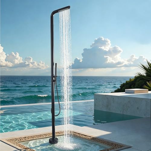 Dexinhdh Ducha Exterior Independiente con Base, Fabricada En Acero Inoxidable, con Ducha Superior Y Cabezal De Ducha De Mano, Ideal para Jardines, Piscinas, Playas Y Patios(Black)