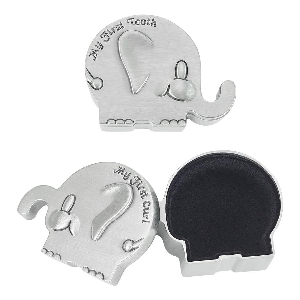 FINGERINSPIRE 2 scatole dei ricordi per primo ricciolo e il mio primo dente in argento anticato, con denti di elefante, set per bambini, battesimo, doccia