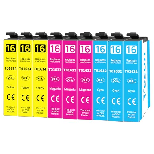 Veson 16XL Cartuchos de Tinta Compatibles con Epson 16 XL para Epson Workforce WF 2750 WF 2760 WF 2660 WF 2650 WF 2630 WF 2540 WF 2520 WF 2530 WF 2510 WF 2010 (3 Cian, 3 Magenta, 3 Amarillos)