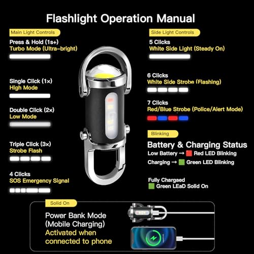 Image of Emergency Keychain Flashlight (3 in 1), Black & Silver | Rechargeable 500 Lumens, Red /Blue Strobe, 1000mAh USB-C Charging, IPX7 Waterproof, Portable EDC Tool