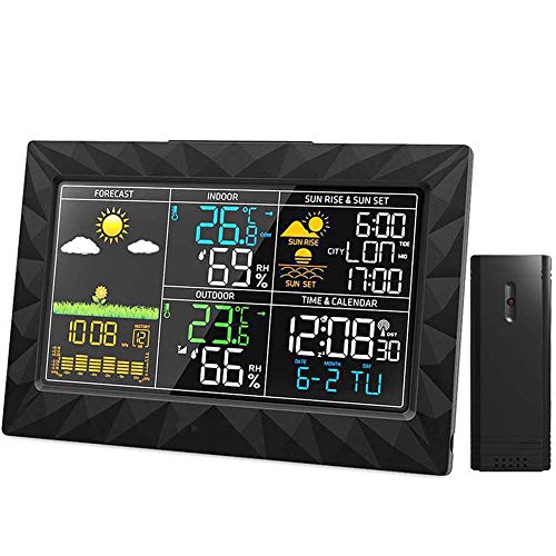 Bunte Großbild-Wetterstation Sunrise Sunset Display Temperatur Feuchtigkeitssensor Outdoor Indoor Thermometer Hygrometer