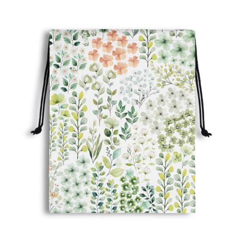 Image of Drawstring Bag Green Leaves Flowers Waterproof Storage Bags for Travel Pool Cycling