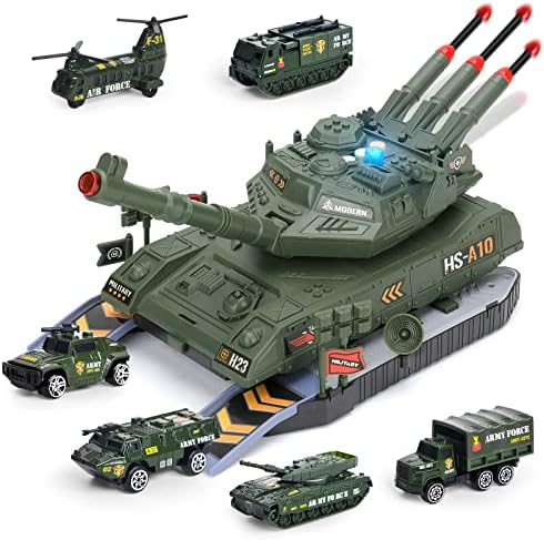Tank Toy Sets for Kids, Military Transport Tank with 6PCS Mini Alloy Diecast Army Vehicles, Realistic Sound Light & Rotating Turret Launcher, Military Playset Gift for Boys 3-7 Years Old