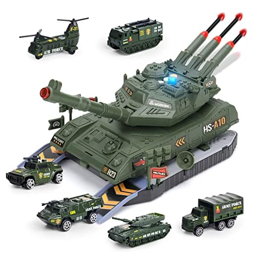YOOYID Ensemble Jouets de Char, Base de Réservoir Transport Militaire avec 6 Mini Véhicules de l'armée en Alliage, Lumière Sonore Réaliste, Tourelle Rotative et Lance-Missiles, Cadeau de Jeu Parfait