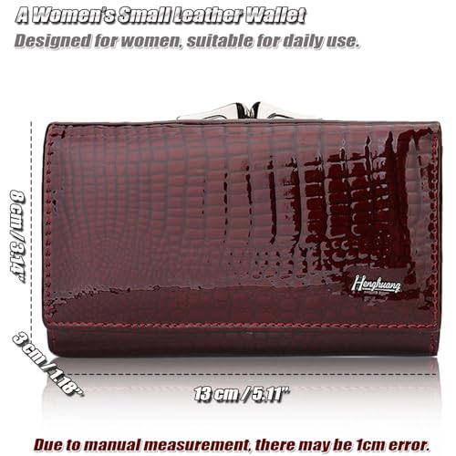 Genuine Patent Leather Wallet for Women, Small RFID Blocking Card Holder, Glossy Purse with Crocodile Embossed Texture - 8 Card Slots | ID/Photo Window | Kiss-lock Pocket - Wine Red3