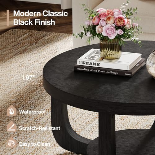Image of Tribesigns Round Coffee Table, 2-Tier Circle Coffee Table with Storage, Modern Wooden Accent Center Table for Living Room, Thick Tabletop & Base, Black