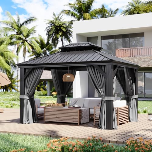 Image of Aoxun 10' X 12' Hardtop Gazebo with Drainage System, Aluminum Outdoor Gazebo with Galvanized Steel Double Roof, Patio Permanent Metal Pavilion with Netting, for Garden, Deck, Grey