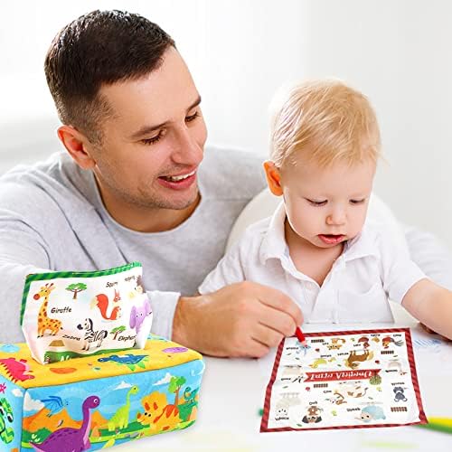 WanderGo Baby Tissue Box Toy, Dinosaur Tissue Box Toy Soft Montessori Sensory Toys with Colorful Square Scarves High Contrast Crinkle Early Learning Toys for Babies 6-12 Months