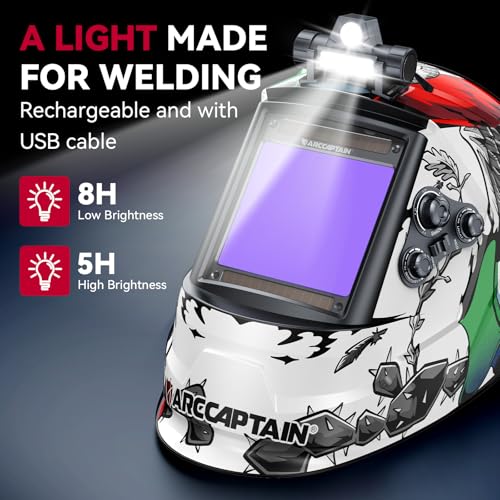 Image of ARCCAPTAIN Large View 3.94 inch x 3.66 inch True Color Auto Darkening Welding Helmet with Light, Solar Powered Welding Hood, 4 Arc Sensor Wide Shade 4 /5-9 /9-13 for Stick MIG TIG Cut, MX