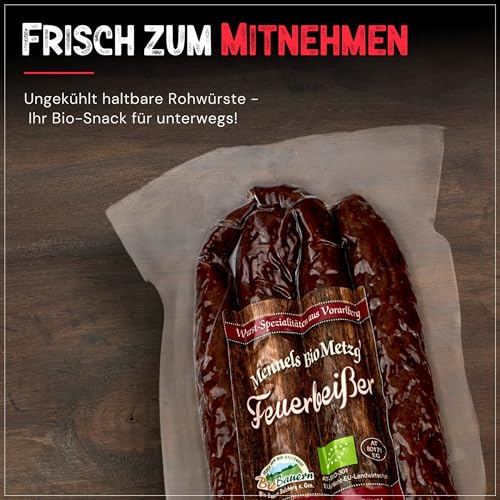 BIO Pfefferbeißer/Feuerbeißer – Rohwurst aus Rind & Schwein, nicht scharf – Snackwurst, zuckerfrei & glutenfrei – Handgemachte Bio Bauernwürste (1 x 2 Paar, 140, gramm)