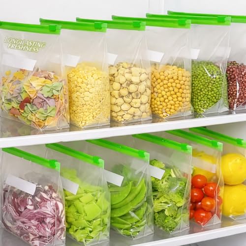 Image of Reusable Plastic Food Storage Bags Leakproof Stand Up Ziplock Freezer Bags -BPA Free Airtight Sealing Bags for Organization, Fridge Washable Storage Vegetables, Fruits (Green, 18 PCS)