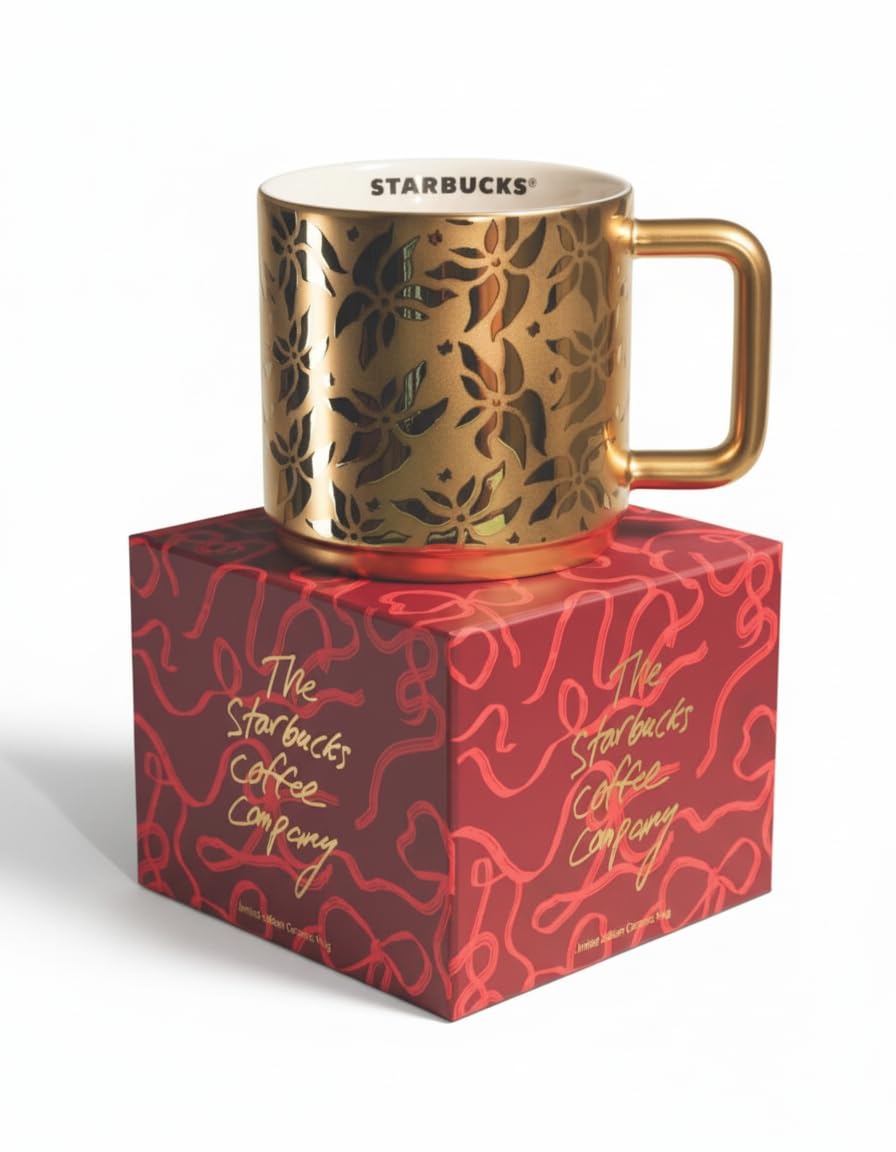 Starbucks Limited Edition Golden Poinsettia Mug 14 oz | Festive Ceramic Drinkware | Elegant Holiday Coffee Cup