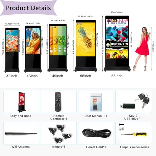 ZLPOWER 65\" Digital Kiosk Non Touchscreen Digital Signage Kiosks Interactive Displays Floor Standing 4K IPS LCD Screen Commercial Totem with Android 11 System Interactive Advertising Media Player