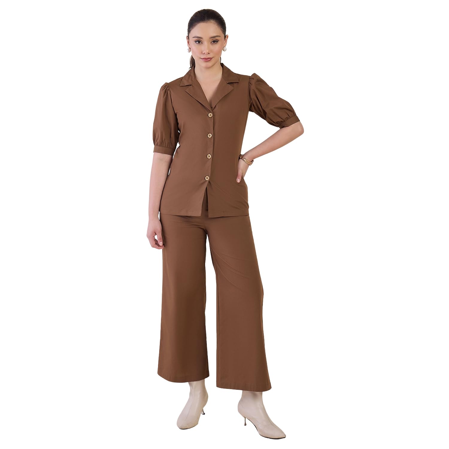 winered Women’s Brown Solid Co-Ord Set | Puff Sleeve Blazer with Wide Leg Pants | Smart Casual Outfit-picture-11
