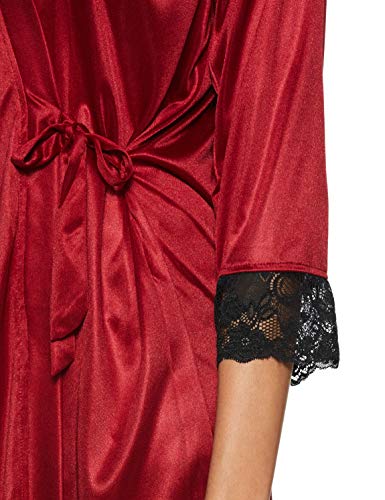Clovia Women's 2 Pcs Satin Nightwear Set in Maroon & Black - Short Robe & Nightie - Image 6