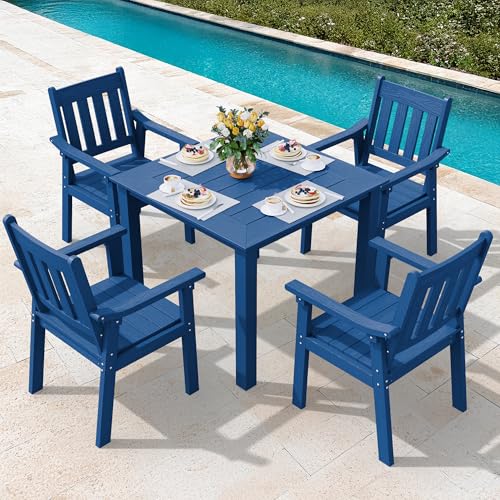 Image of YEFU HIPS Patio Table Set: 5 Piece Outdoor Square Table and Chairs with Metal Aluminum Frame - Blue Modern Plastic Patio Dining Furniture Set 4 Person for Outside Deck