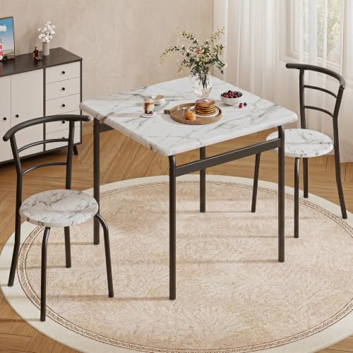 Image of VECELO 3-Piece Dining Table Set for Kitchen Breakfast Nook, Faux Marble Square Tabletop and Metal Frame, for Small Spaces, White & Black