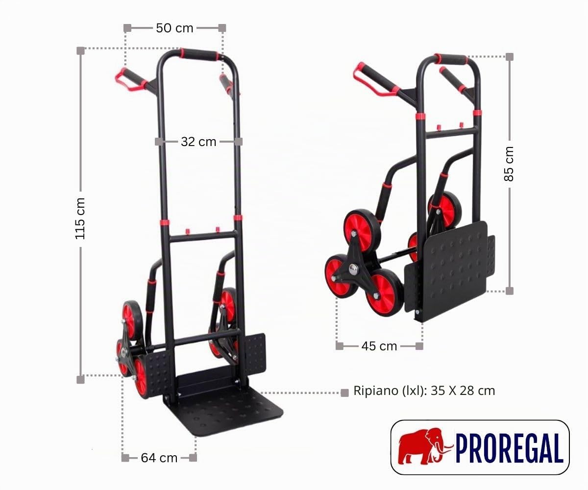 PROREGAL Carrello professionale pieghevole per scale TAURUS 250 | AxLxP 115x52x63cm | Portata 250kg | Telaio in acciaio, maniglie ergonomiche, ruote in gomma TPR | Rosso-Nero