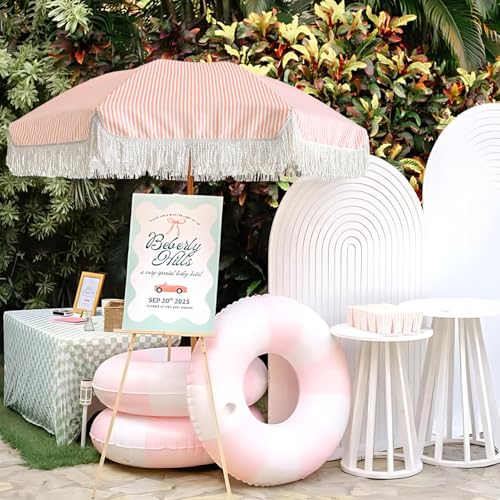 Image of AMMSUN 7ft Patio Umbrella with Fringe Outdoor Tassel Umbrella UPF50+ Premium Steel Pole and Ribs Push Button Tilt, Pink Stripe