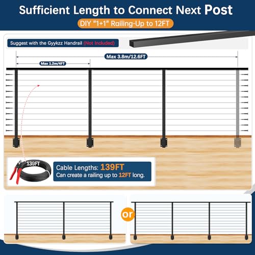 Image of Side Mount Cable Railing Post Kit for 36 inch Railing System (Post Body 44 inch), 3 Pack Black Side Mount Level Railing Post Kit, Space-Saving Fascia Mount Rail Post for Indoor Outdoor Deck DIY Length