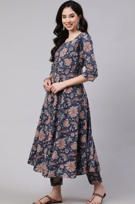 Women Printed Anarkali Kurta Set with Dupatta, Navy Blue and Beige Floral Design (IN, Alpha, L, Regular)
