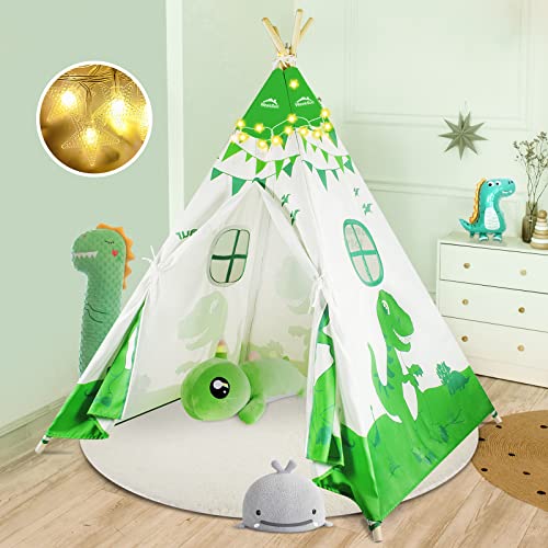 WEEKSUN Tente Tipi Pour Enfant Avec Guirlande Lumineuse et Tapis Rembourré, Jolie Tente Dinosaure en Toile Avec Fenêtres Pour Filles et Garçons