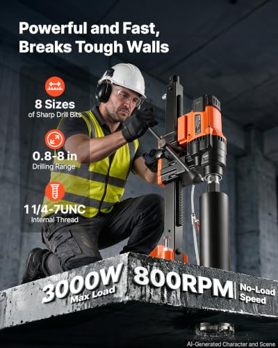 Image of VEVOR Diamond Core Drilling Machine Dry and Wet 0.8-8 in Drilling Diameter | 8 Drill Bits, Rolling Core Drill Rig, Wheeled Stand, Lifting Handle, 3000W 800RPM, UNC1 1 /4-7 Thread for Concrete Brick Stone