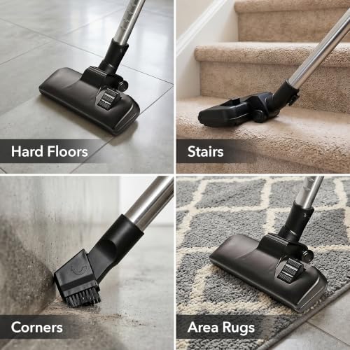 Image of OVENTE Bagless Canister Vacuum Cleaner, 1200W Power Suction, Black ST2000 | 360 Swivel Hose with Telescoping Wand and Automatic Cord Rewind, Lightweight Cleaning Machine for Hard Floors and Carpets