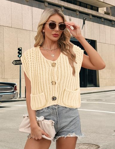 Image of Womens Cropped Sweater Vest Sleeveless Chunky Kint Cardigan Top Casual Warm Button Down Crop Tops with Pockets